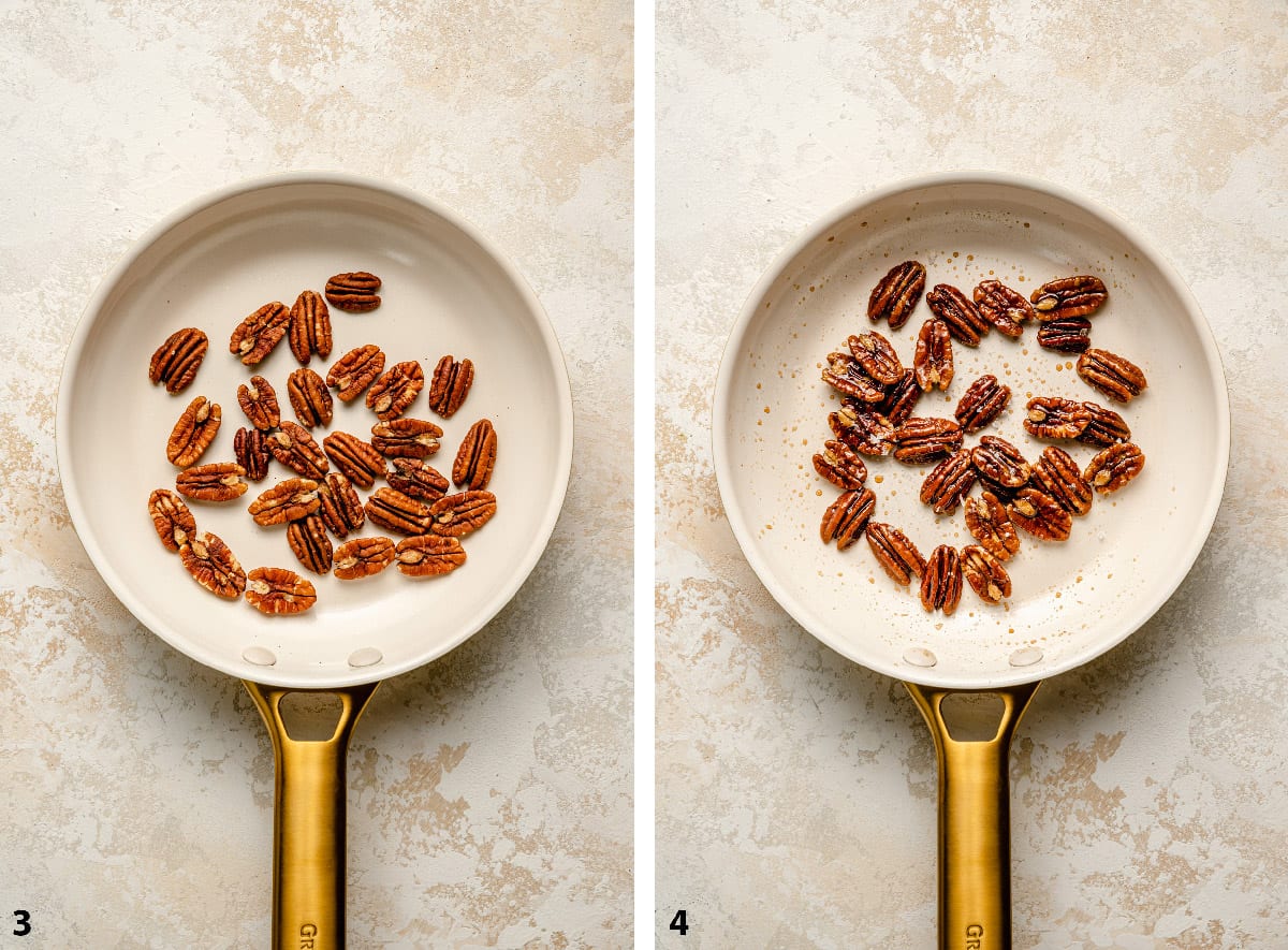 Skillet process steps of toasting and glazing the pecans in maple syrup.