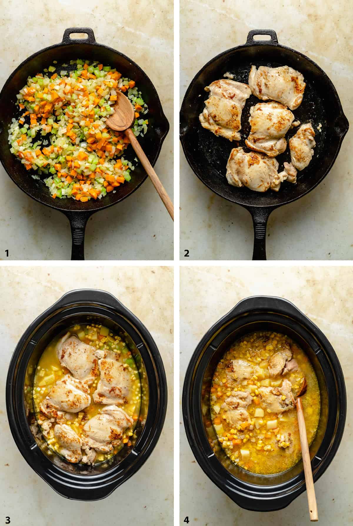 Process steps of preparing the ingredients, and pre and post cooked soup in slow cooker.