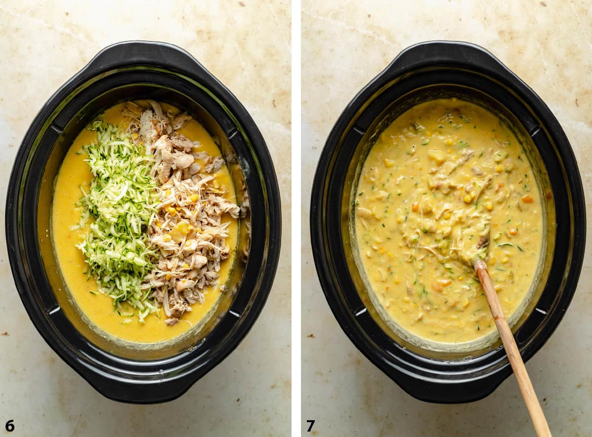 Process of adding in shredded zucchini and chicken into a crockpot with a spoon.