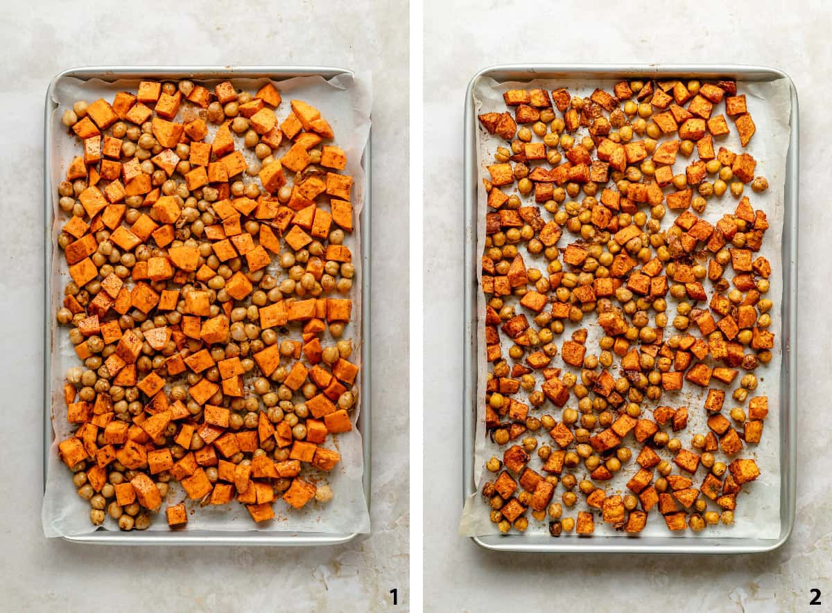 Pre and post roasted sweet potato and chickpeas on a lined baking sheet.