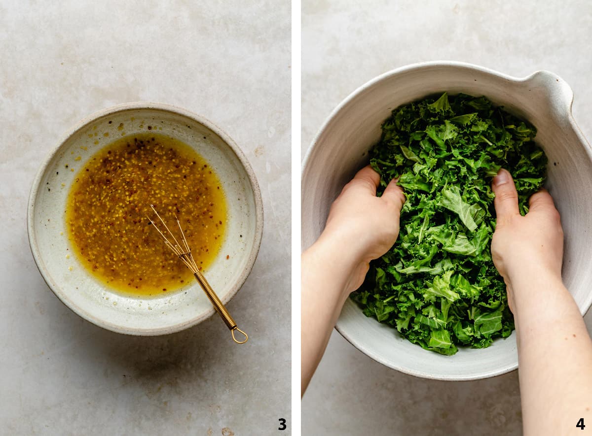 A bowl of maple mustard dressing with a small whisk and massaging kale in a bowl.