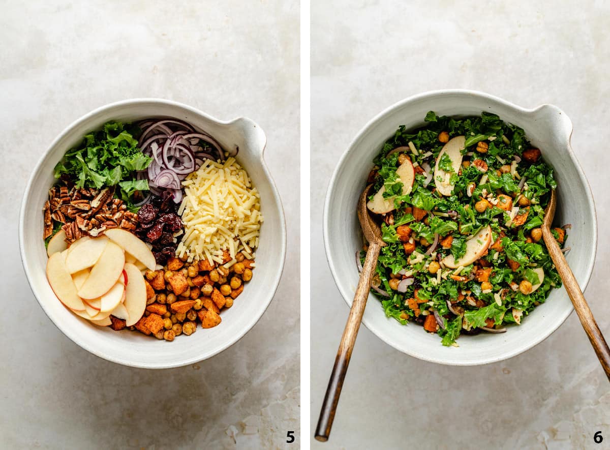 Salad ingredients in a bowl and salad tossed together with utensils.