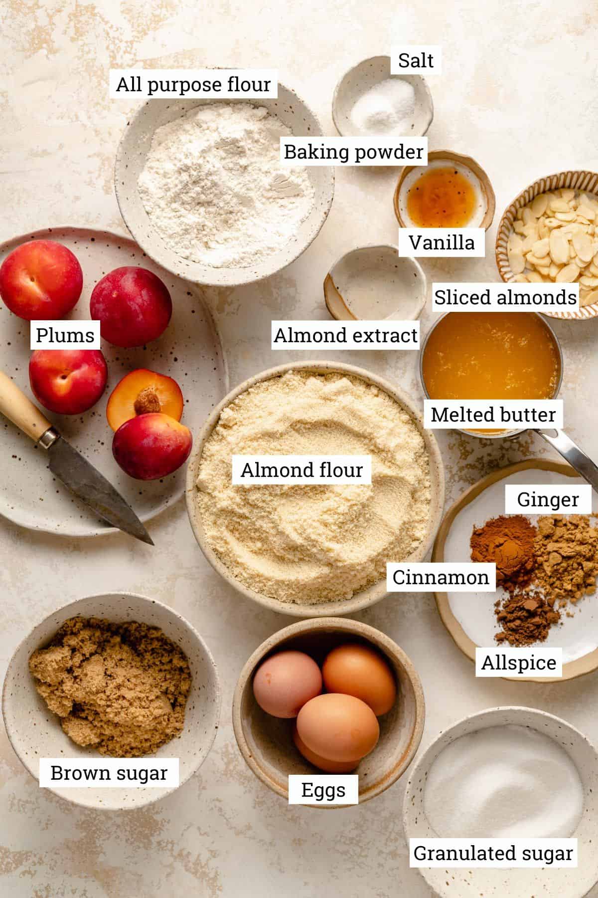 Ingredients in various bowls on a work surface with labels. 