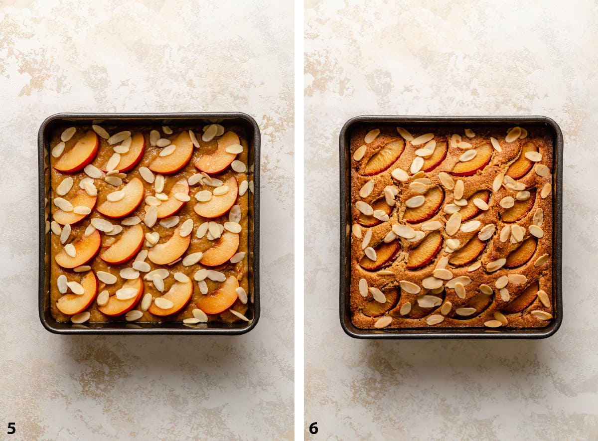 Pre and post baking almond plum cake with plums and sliced almonds on top.