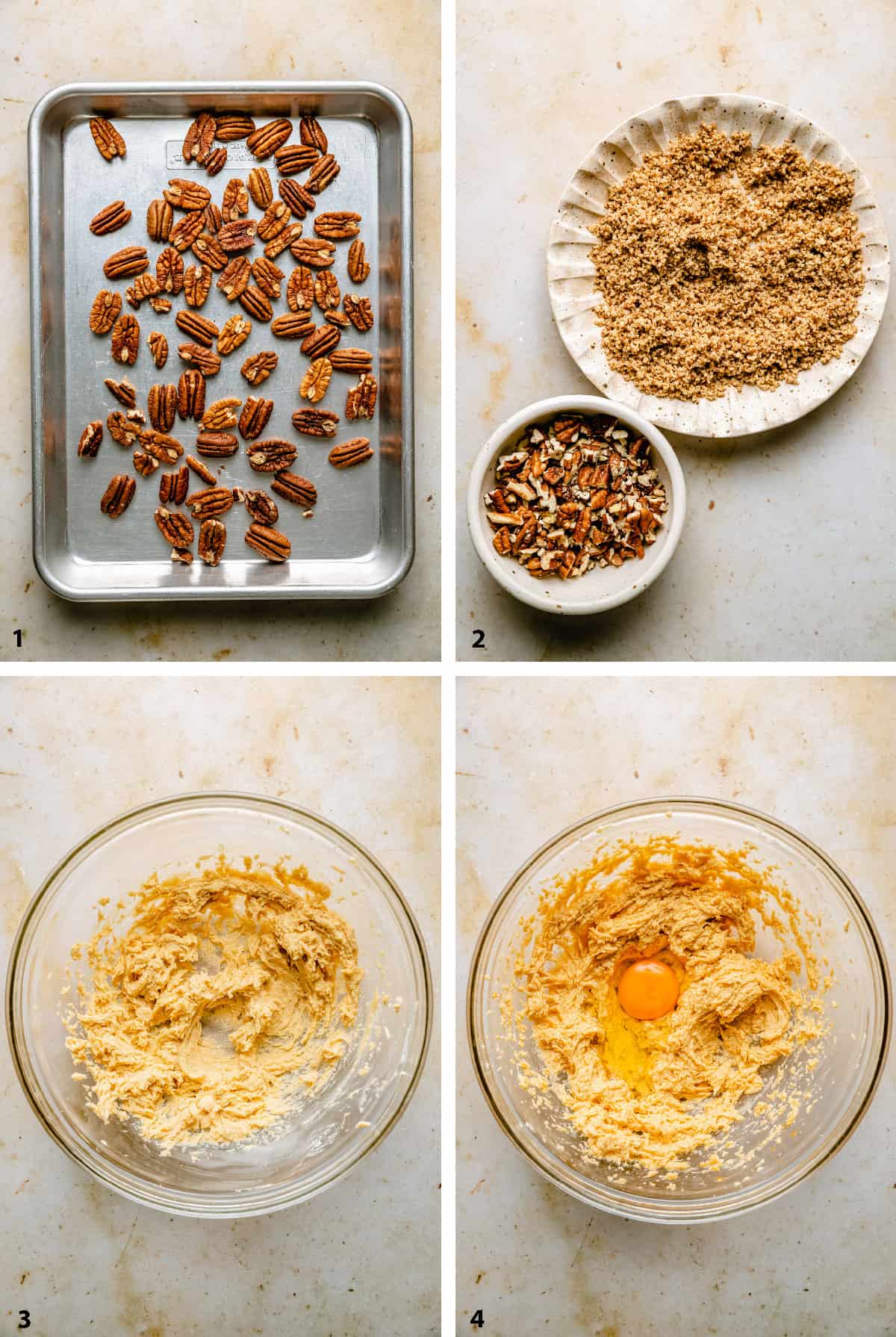 Steps of preparing the pecans and creaming butter sugar and eggs in a bowl.