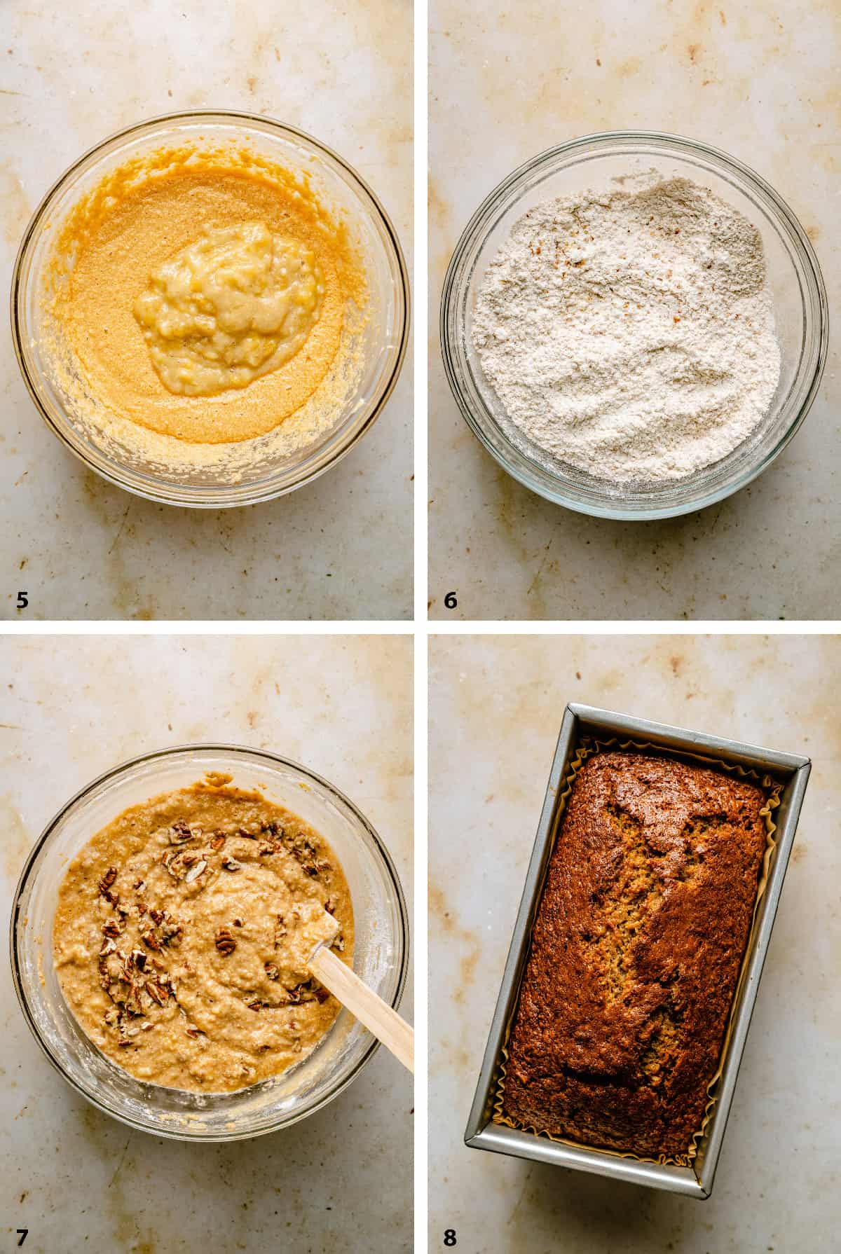 Adding the mashed banana to the wet mixture mixing the dry with the wet and baked banana bread.