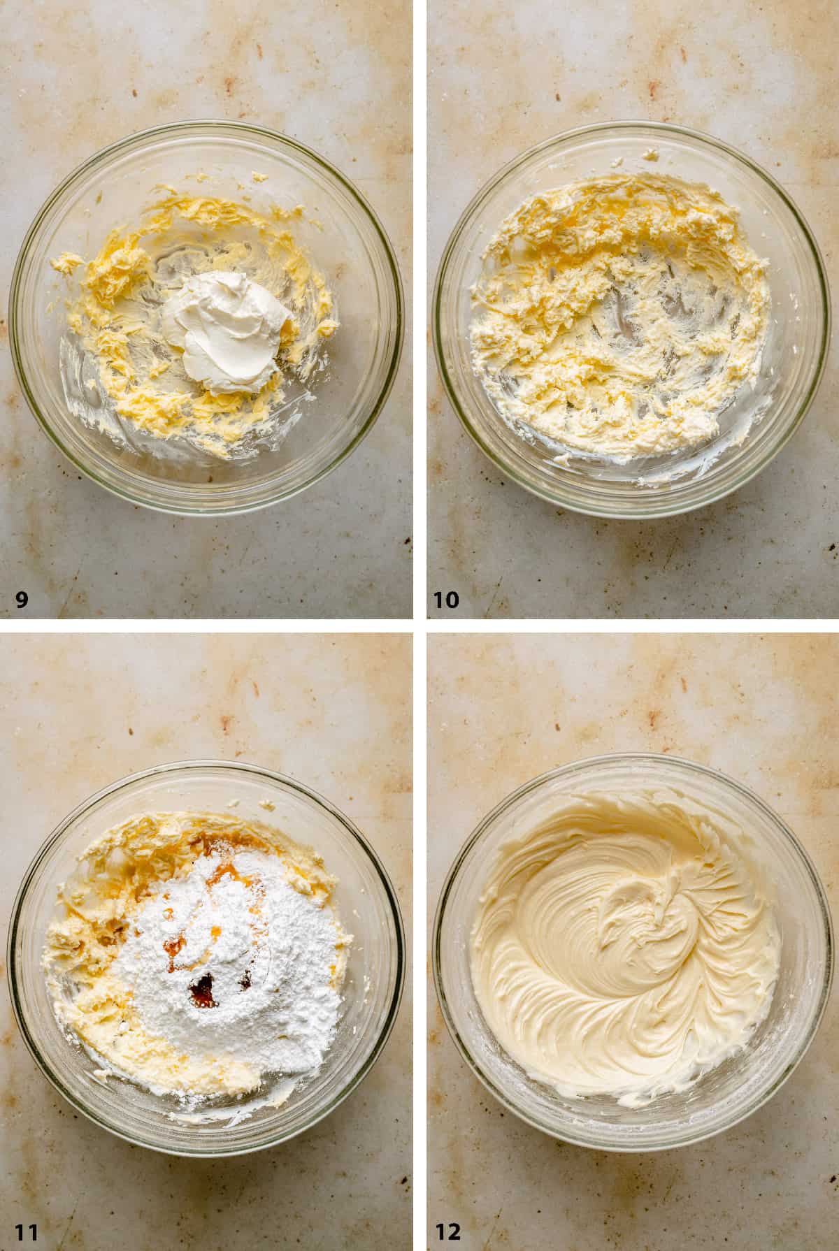 Creaming together the cream cheese frosting in a glass bowl.