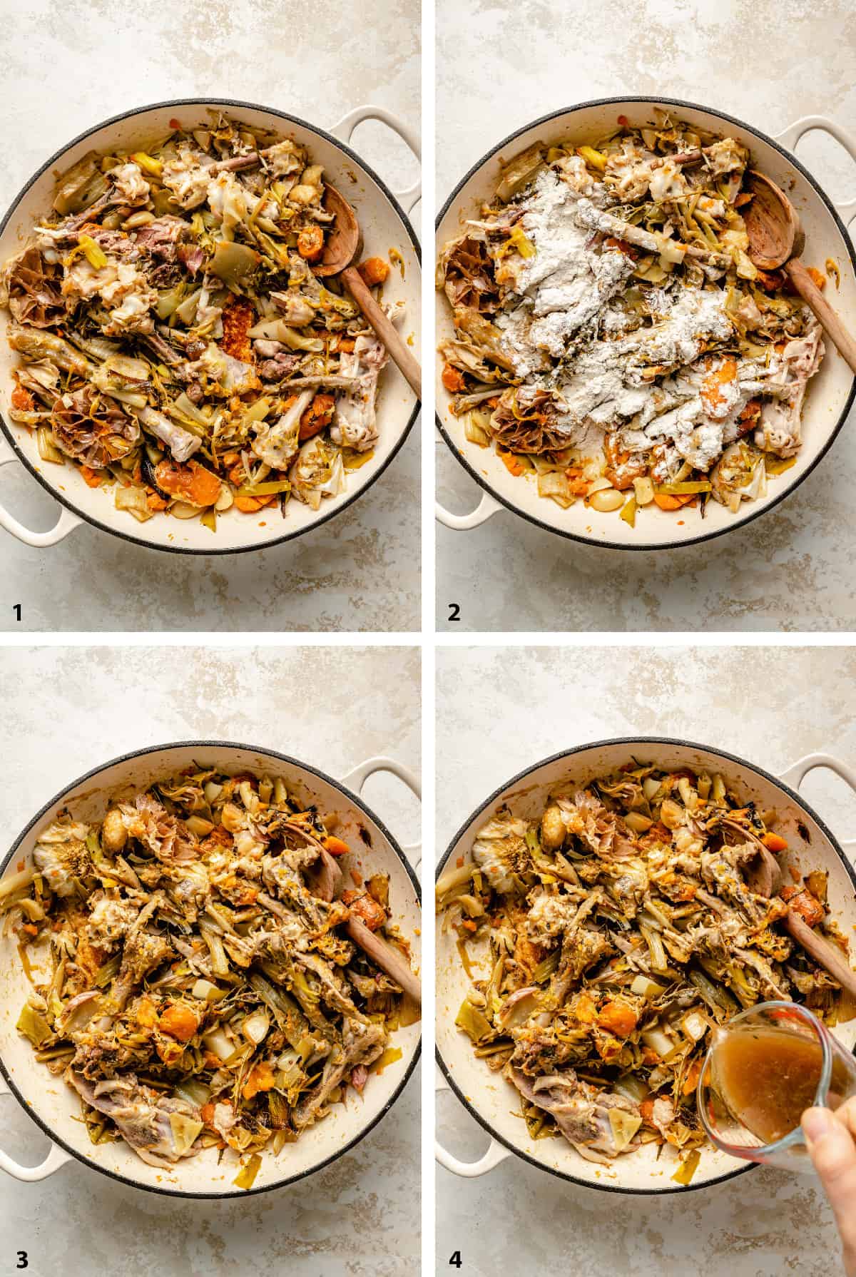 Stages of browning veggies and bones, making roux and pouring in dripping.