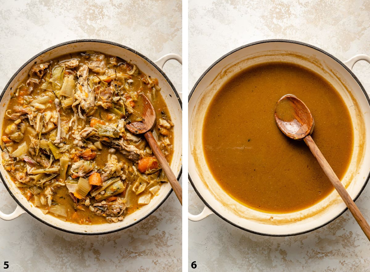 Before and after straining the gravy in a skillet.
