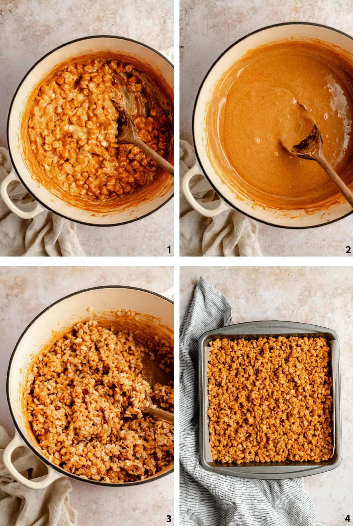 Steps of making the rice krispie treat mix and pressing into a baking tin.