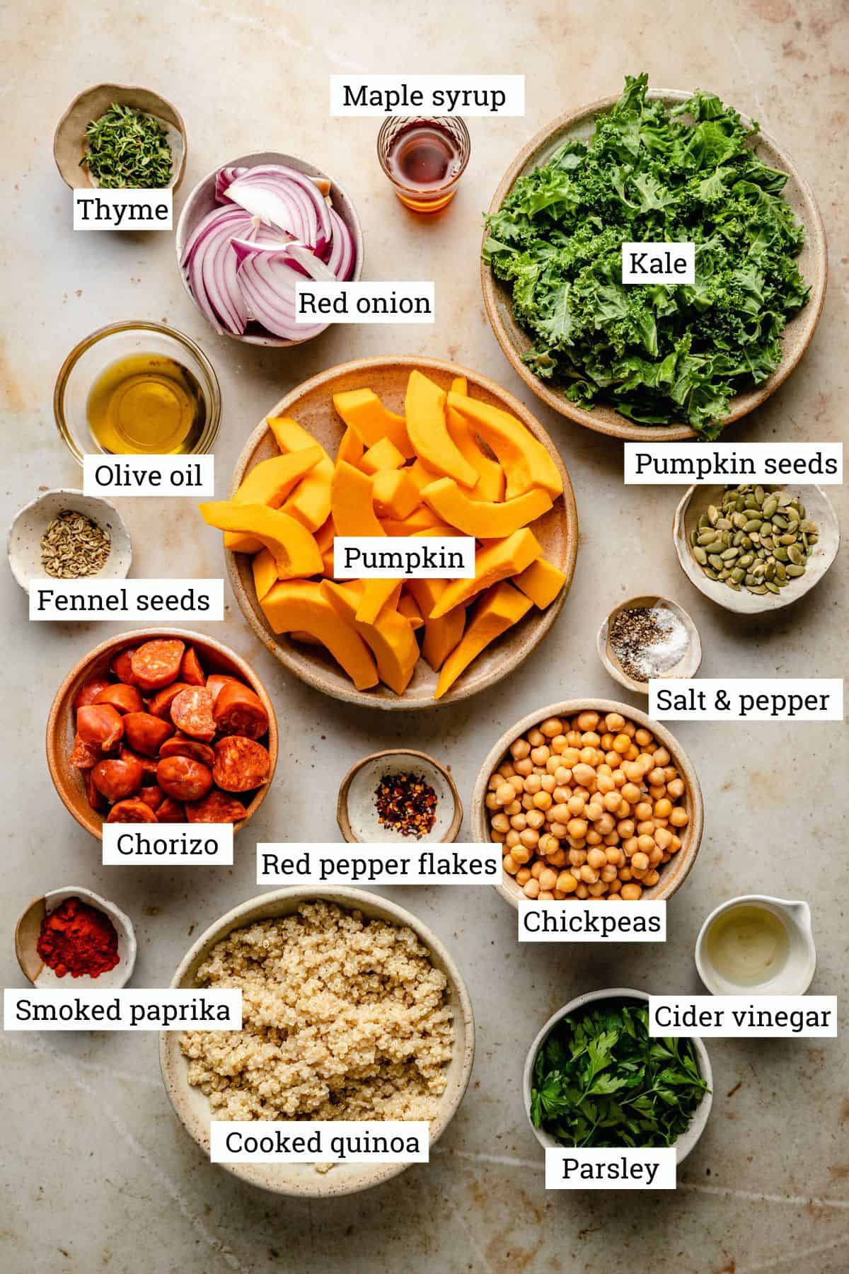 Ingredients for roast pumpkin salad in various bowls on a work surface.