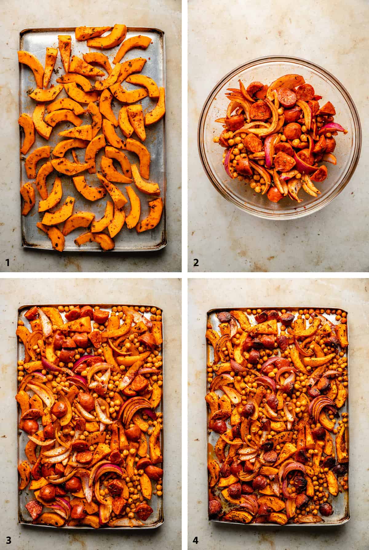 Steps of roasting the pumpkin, onion, chorizo and final tray of roasted veggies.