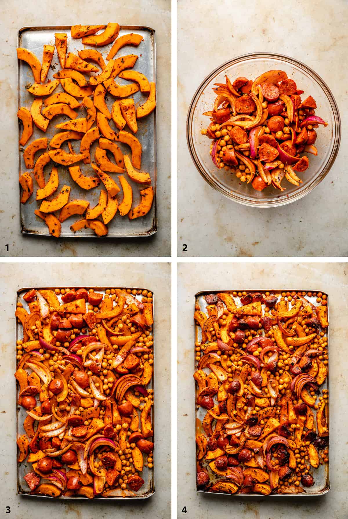 Steps of roasting the pumpkin, onion, chorizo and final tray of roasted veggies. 