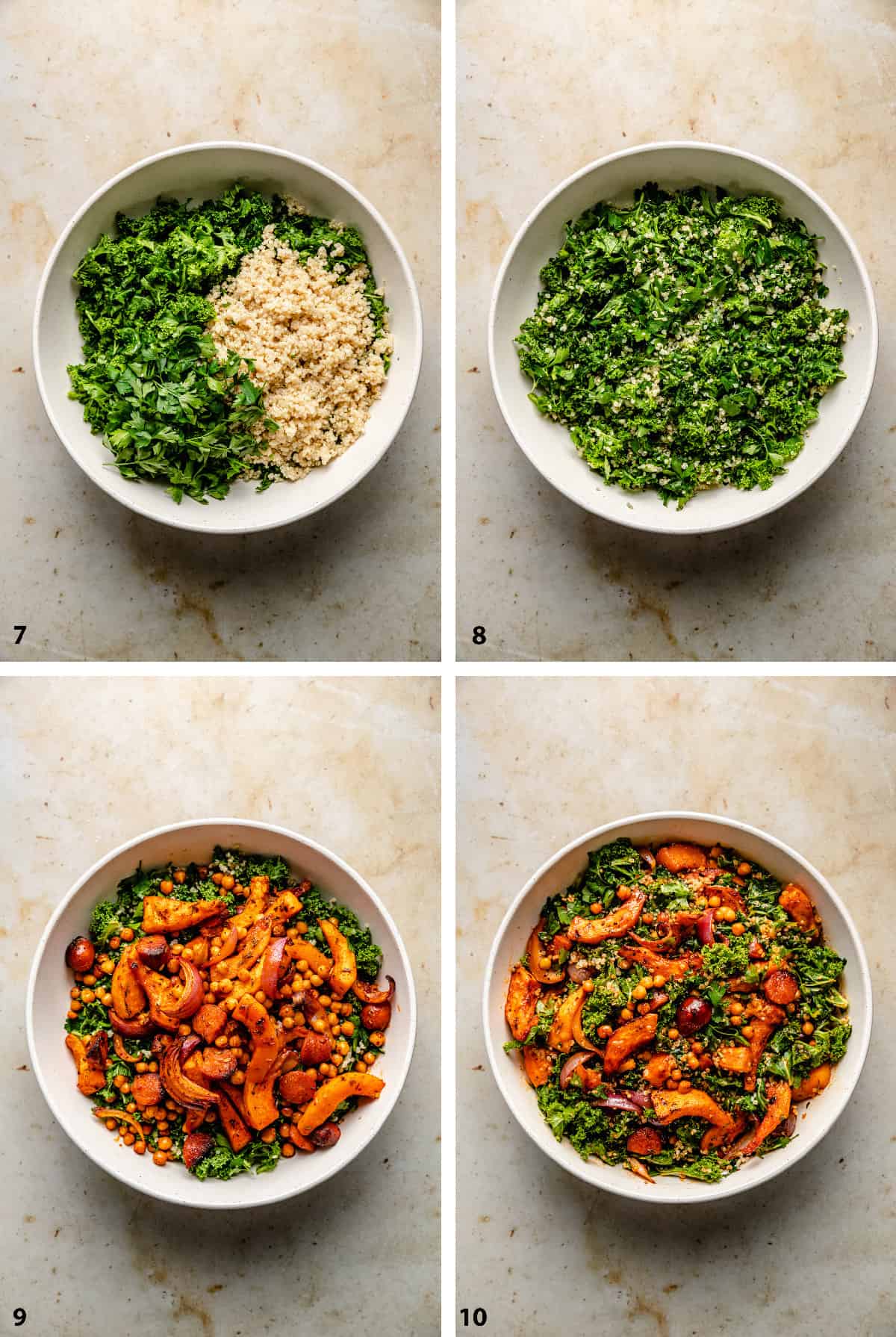 Steps of assembling and dressing the roast pumpkin salad in a large white bowl.