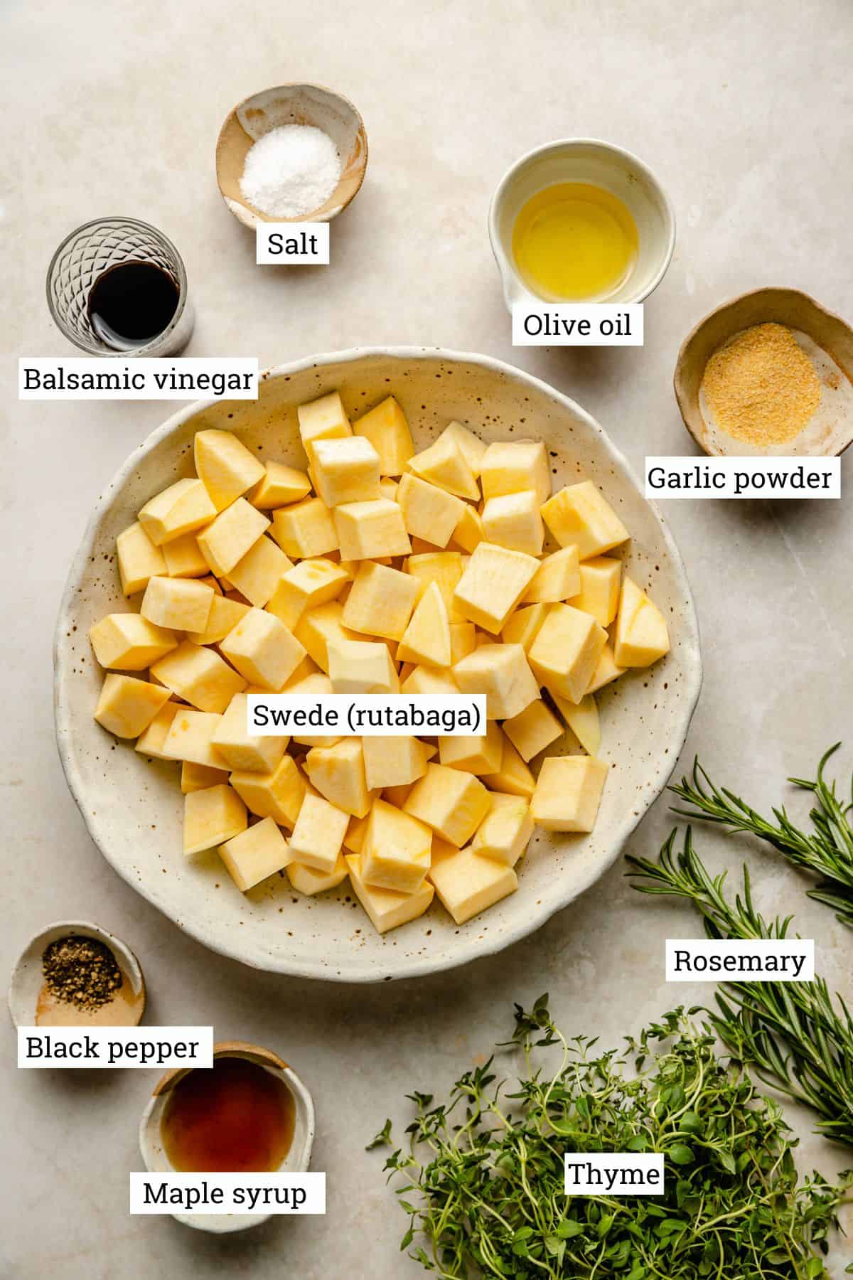 Ingredients including swede, herbs, vinegar, garlic powder and seasonings.