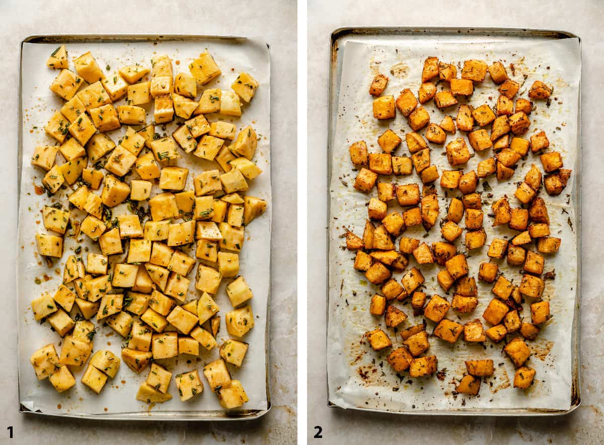 Before and after roasted swede (rutabaga) on a lined baking sheet.