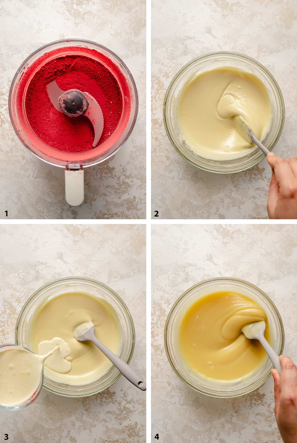 Process of blending the strawberries, melted chocolate, pouring cream in and stirring a ganache in a bowl.