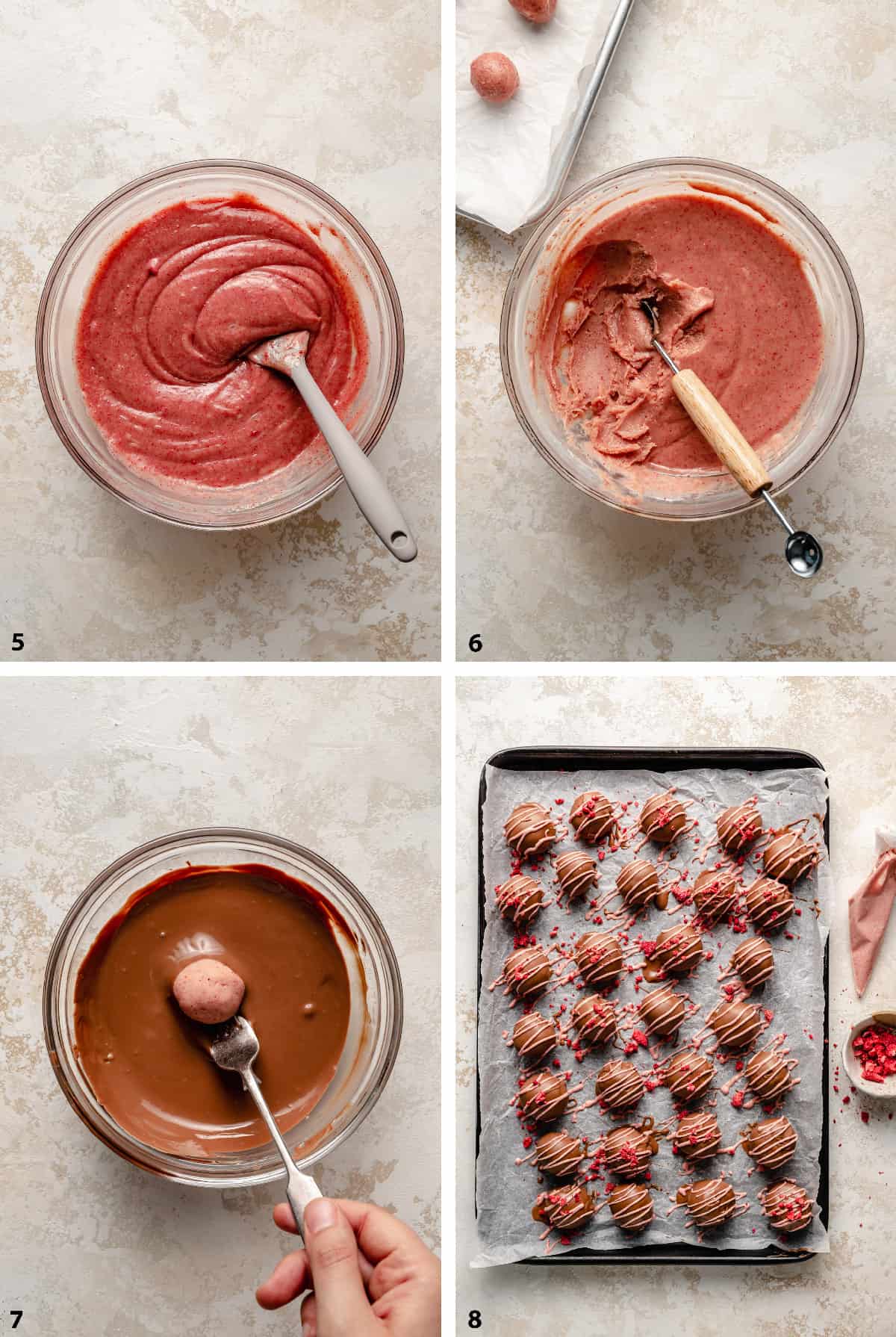 Strawberry truffle ganache in a bowl being scooped, rolled and dipped and decorated on a tray.
