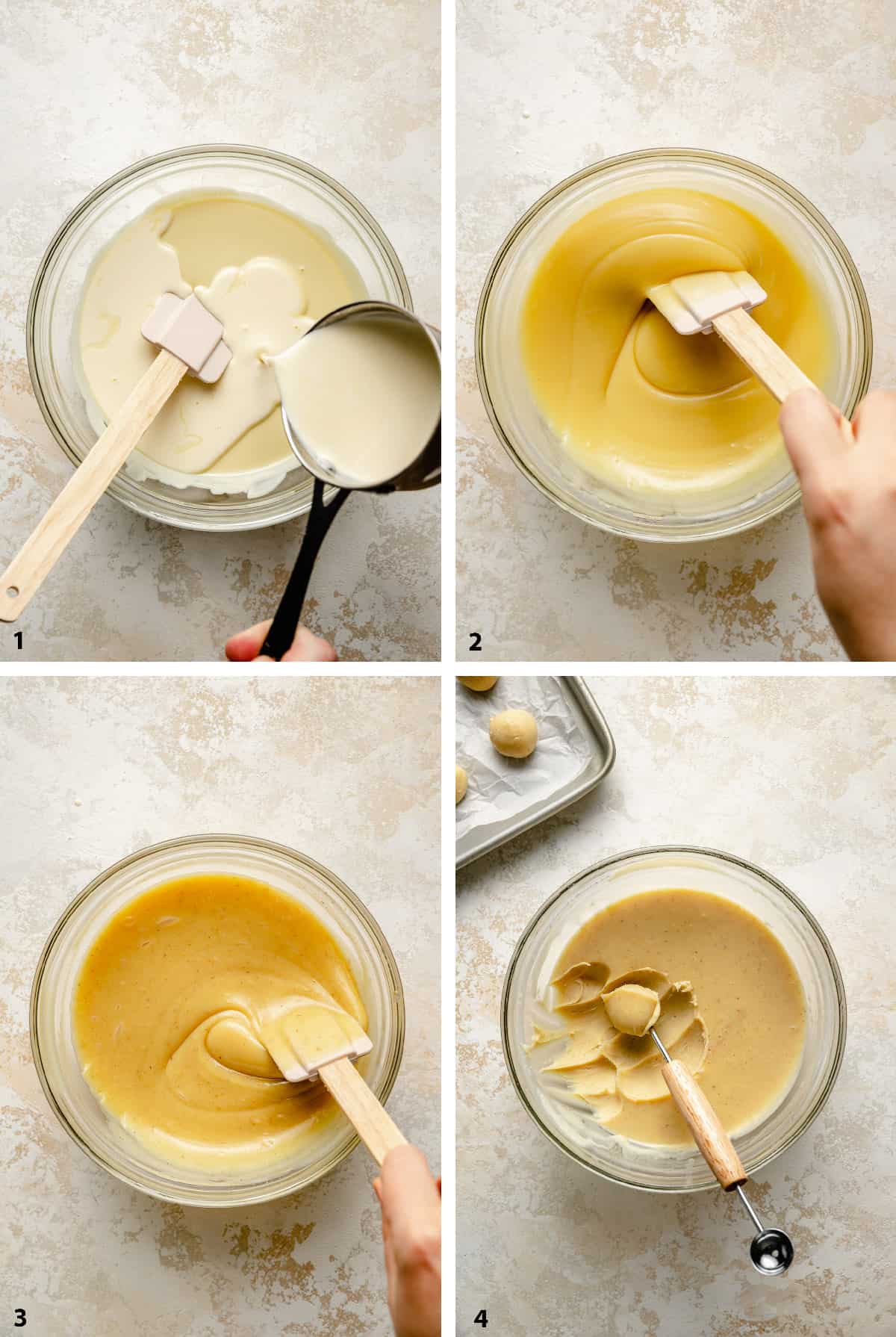 Process of adding hot cream to molten chocolate to make a ganache with spices and it set in a bowl.