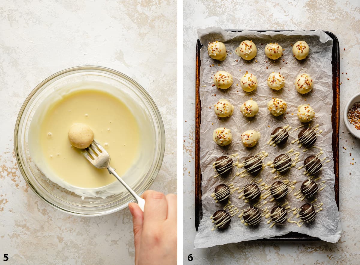 A bowl of molten white chocolate with a truffle being dipped in on a fork and a tray of coated truffles decorated.