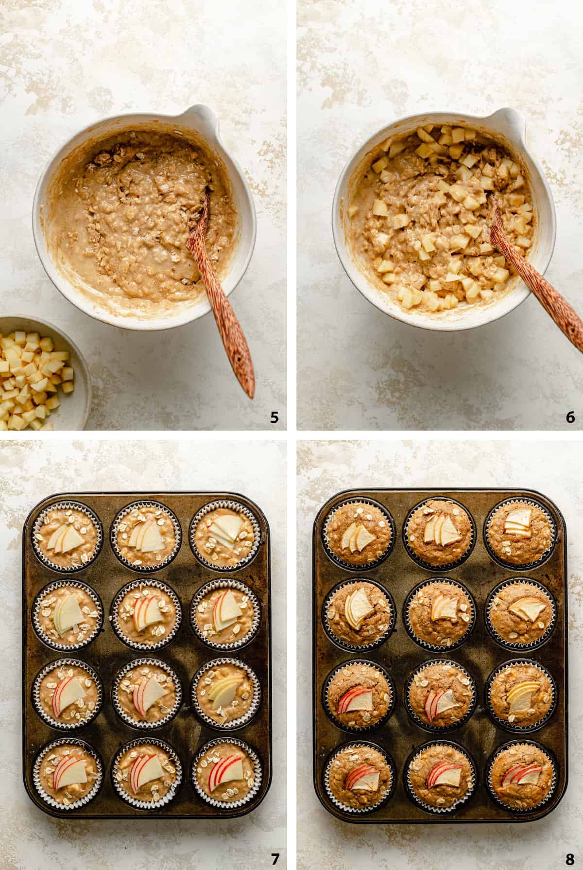 Mixing batter together with apple chunks, putting in muffin cases and baked in a baking tin.