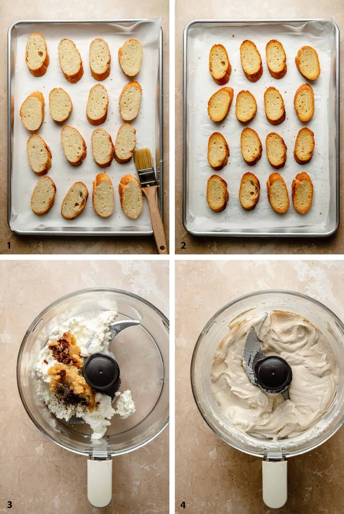Process steps of baking crostini and whipping the brown butter ricotta in a processor bowl.