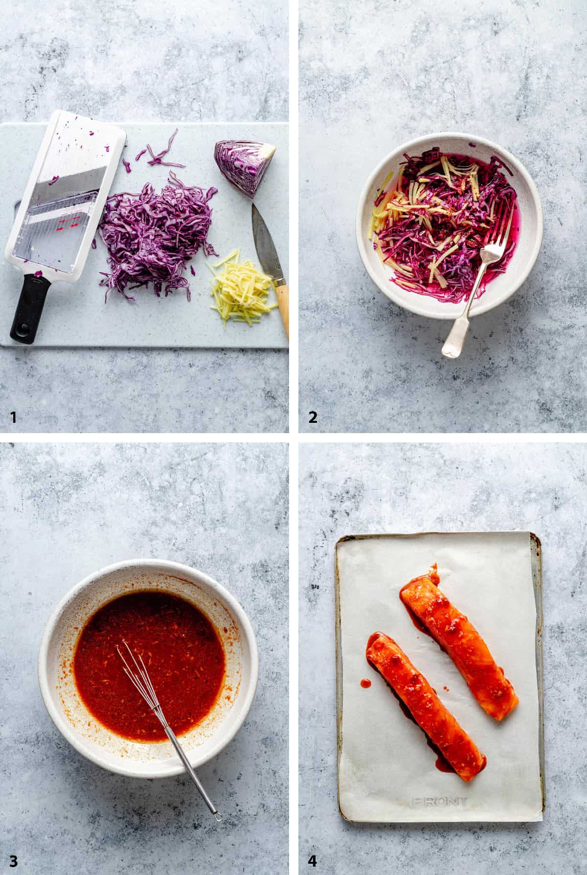 Process steps making the quick pickle, gochujang sauce and marinating the salmon.
