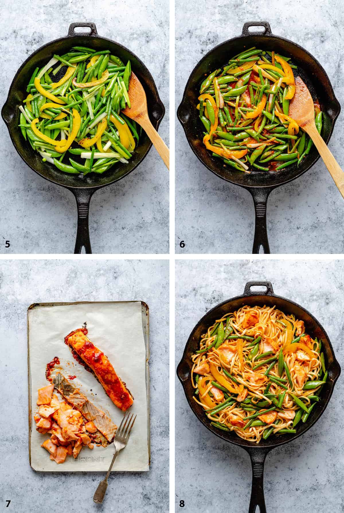 Stir frying veggies in a skillet with sauce, tossing the noodles through with flaked salmon.