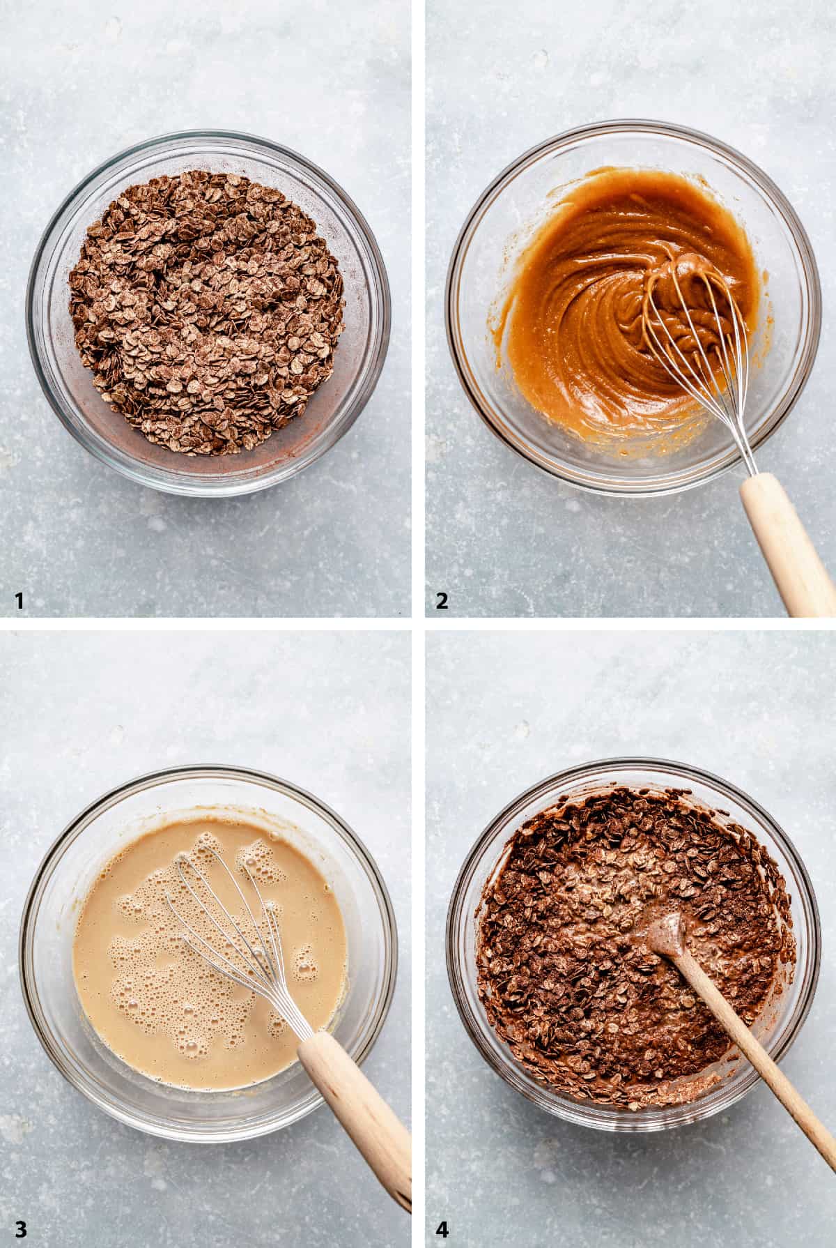 Process of creating the chocolate peanut butter baked oatmeal batter in a bowl.