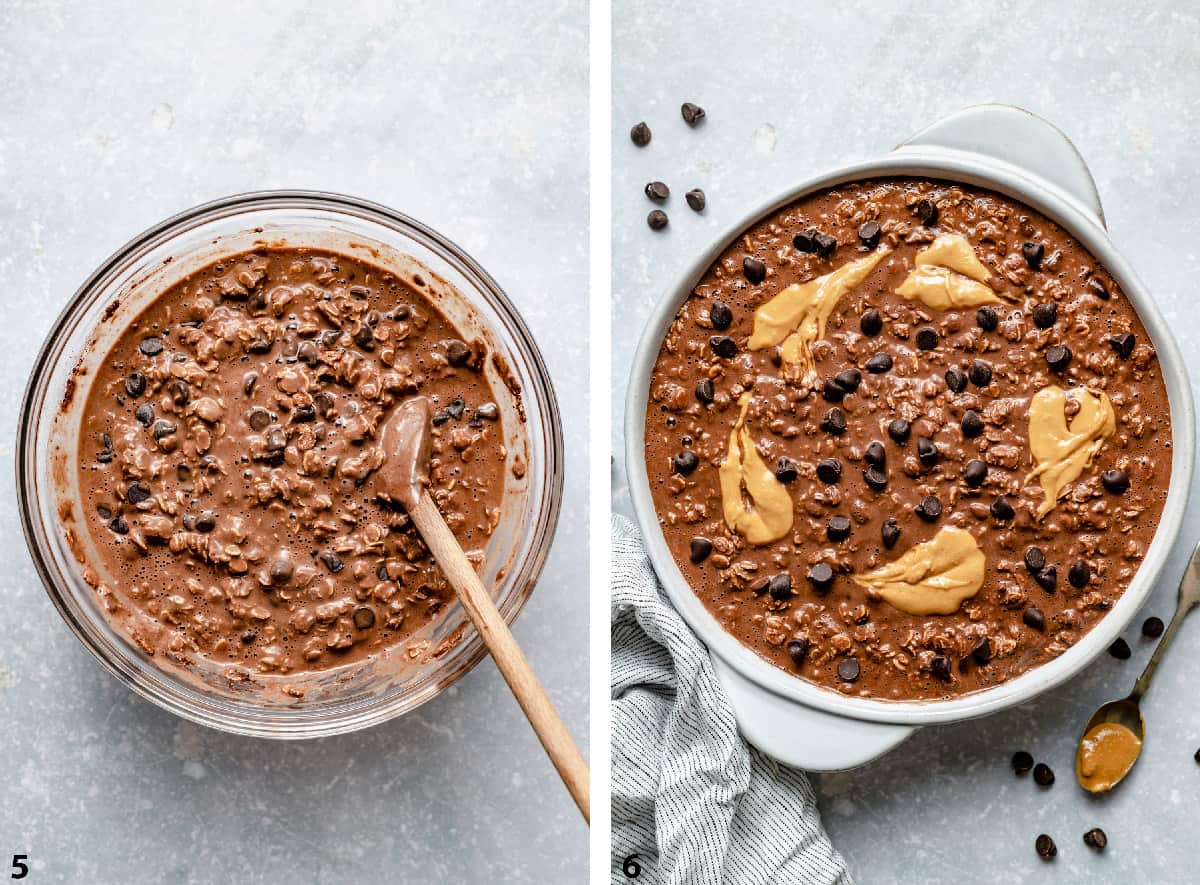 Stirring in chocolate chips and the baked oatmeal in a baking dish before baking.