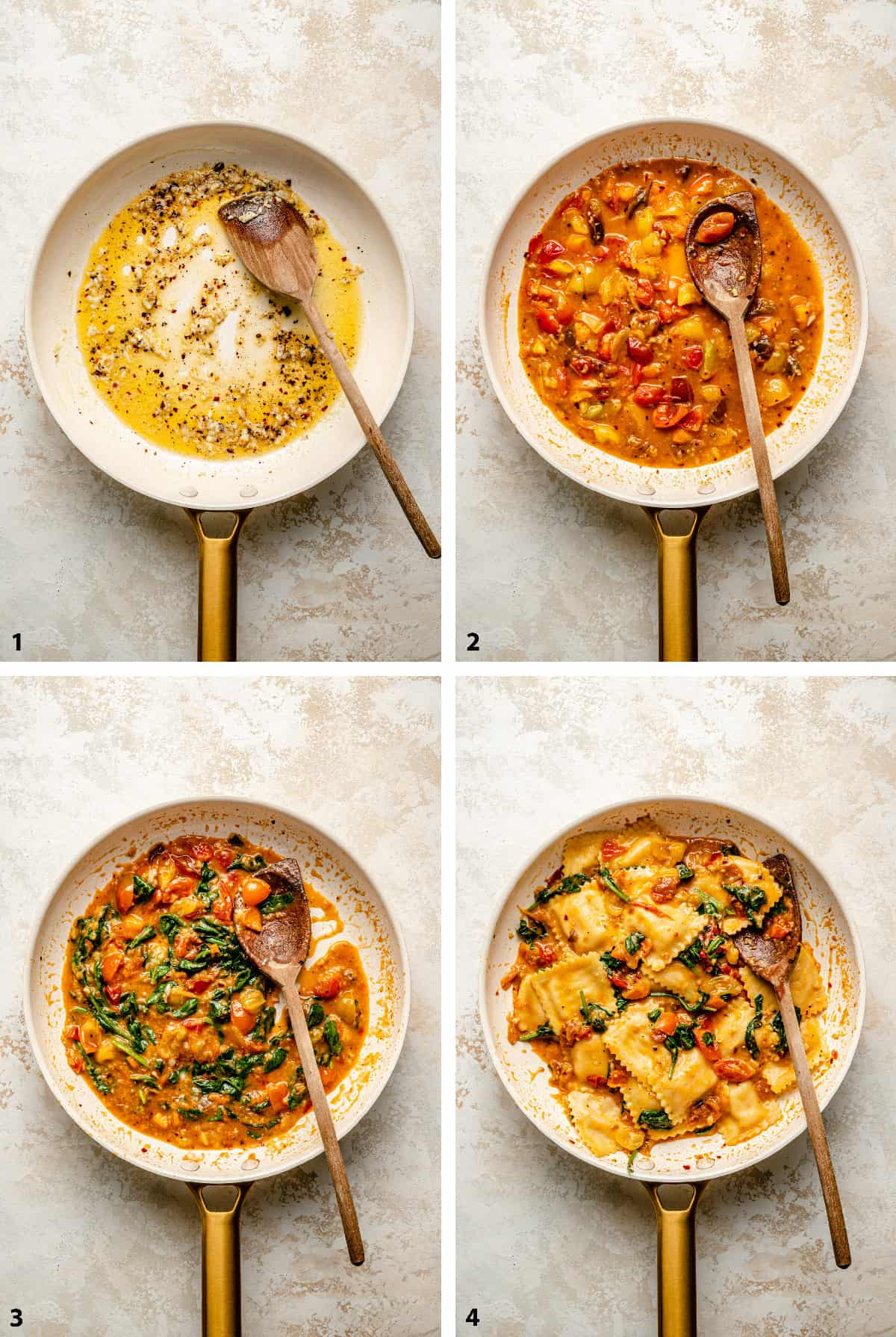 Process steps of creating the tomato spinach pasta in a skillet with a spoon.