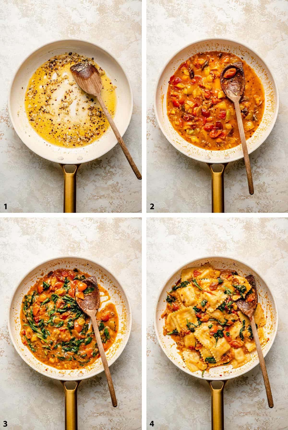 Process steps of creating the tomato spinach pasta in a skillet with a spoon.