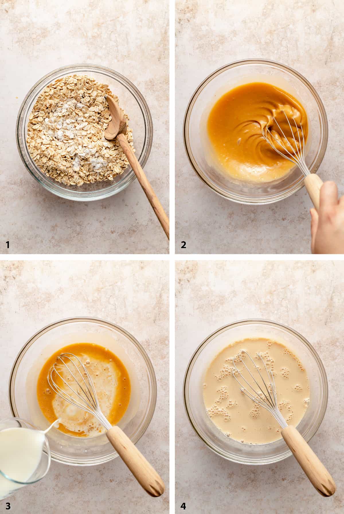Process steps of creating the liquid ingredient mix for the baked oatmeal.