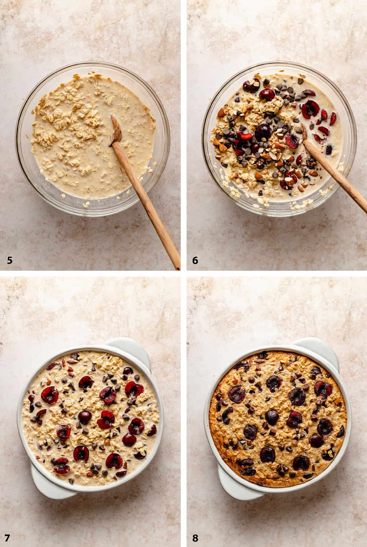 Stirring in the dry ingredients and baking the baked oatmeal.