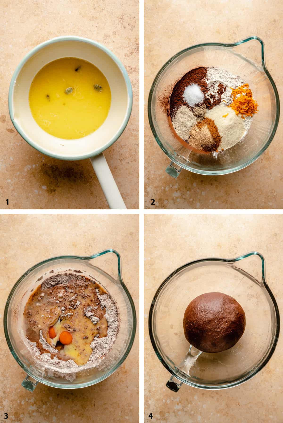Process of creating the chocolate dough in a mixing bowl.