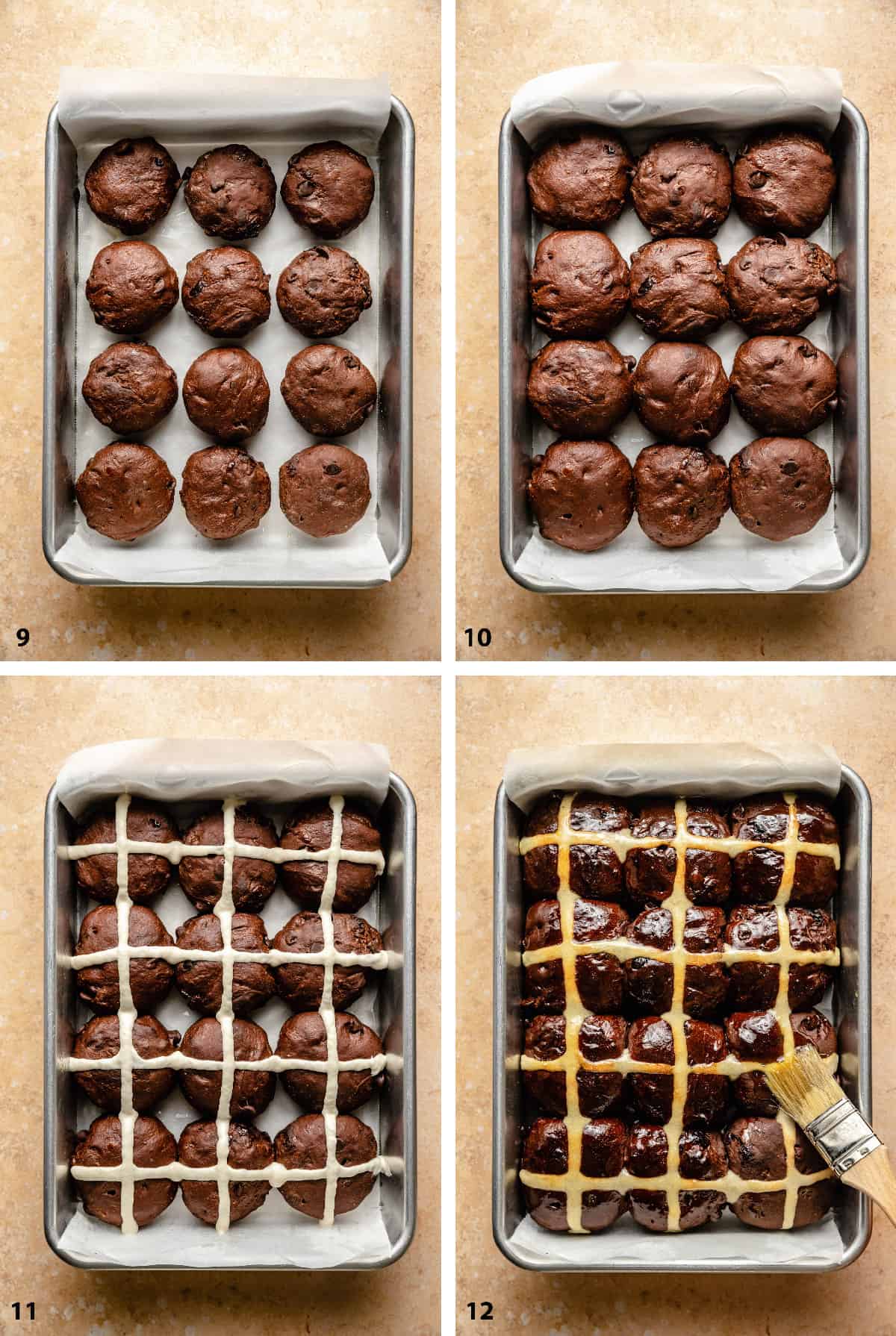 Process of proofing the chocolate hot cross buns in a baking tin, decorating and baking them.