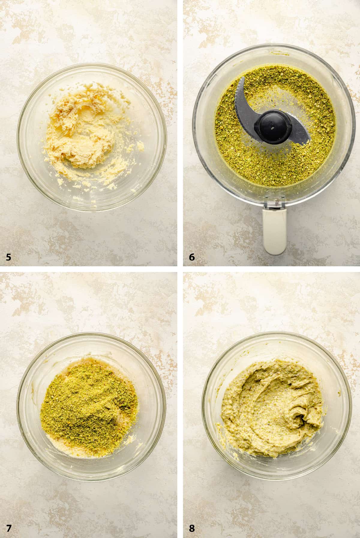 Process of creating the pistachio frangipane.