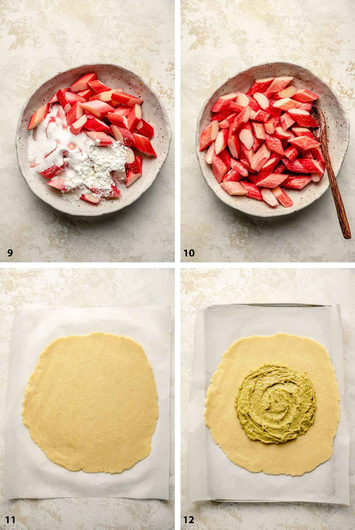 Process of making the rhubarb filling and rolling pastry then spreading with frangipane.