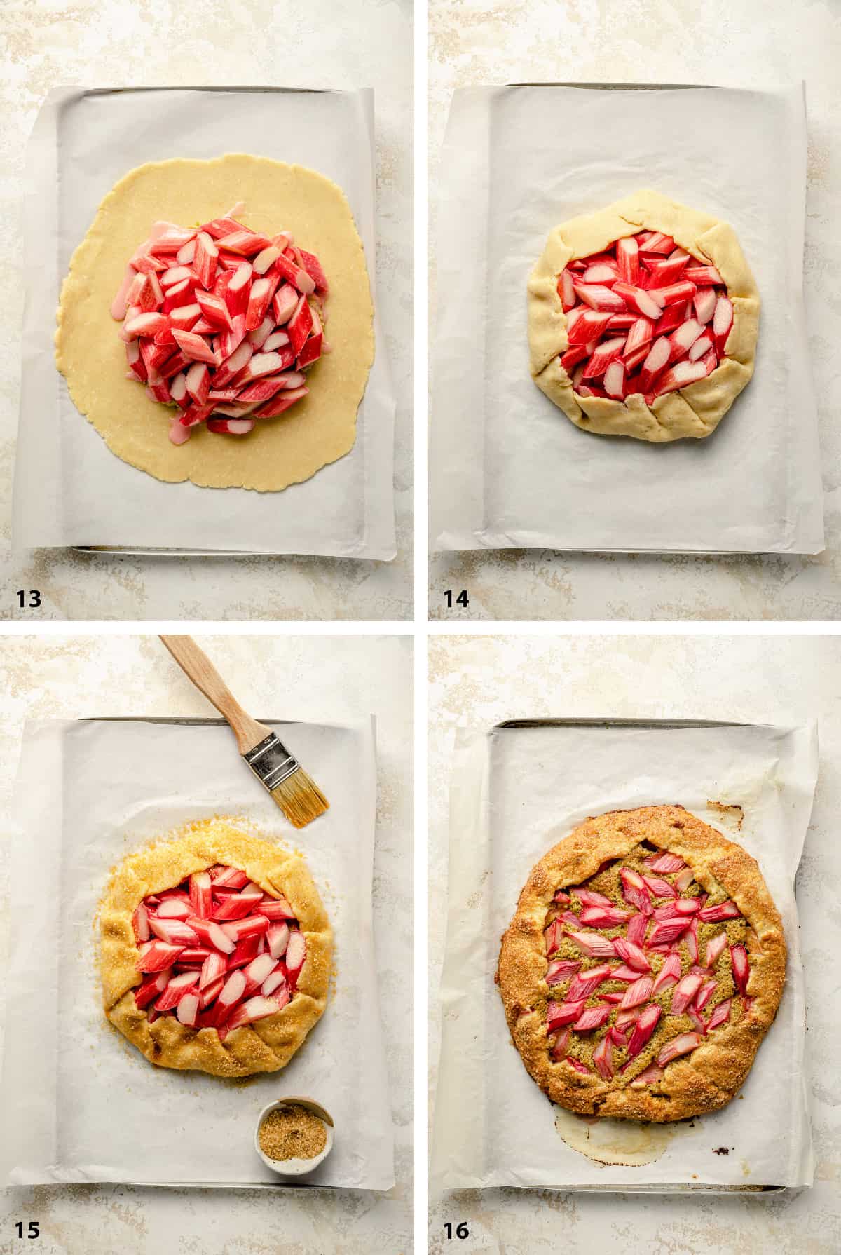 Process of assembling the rhubarb galette and baking it.