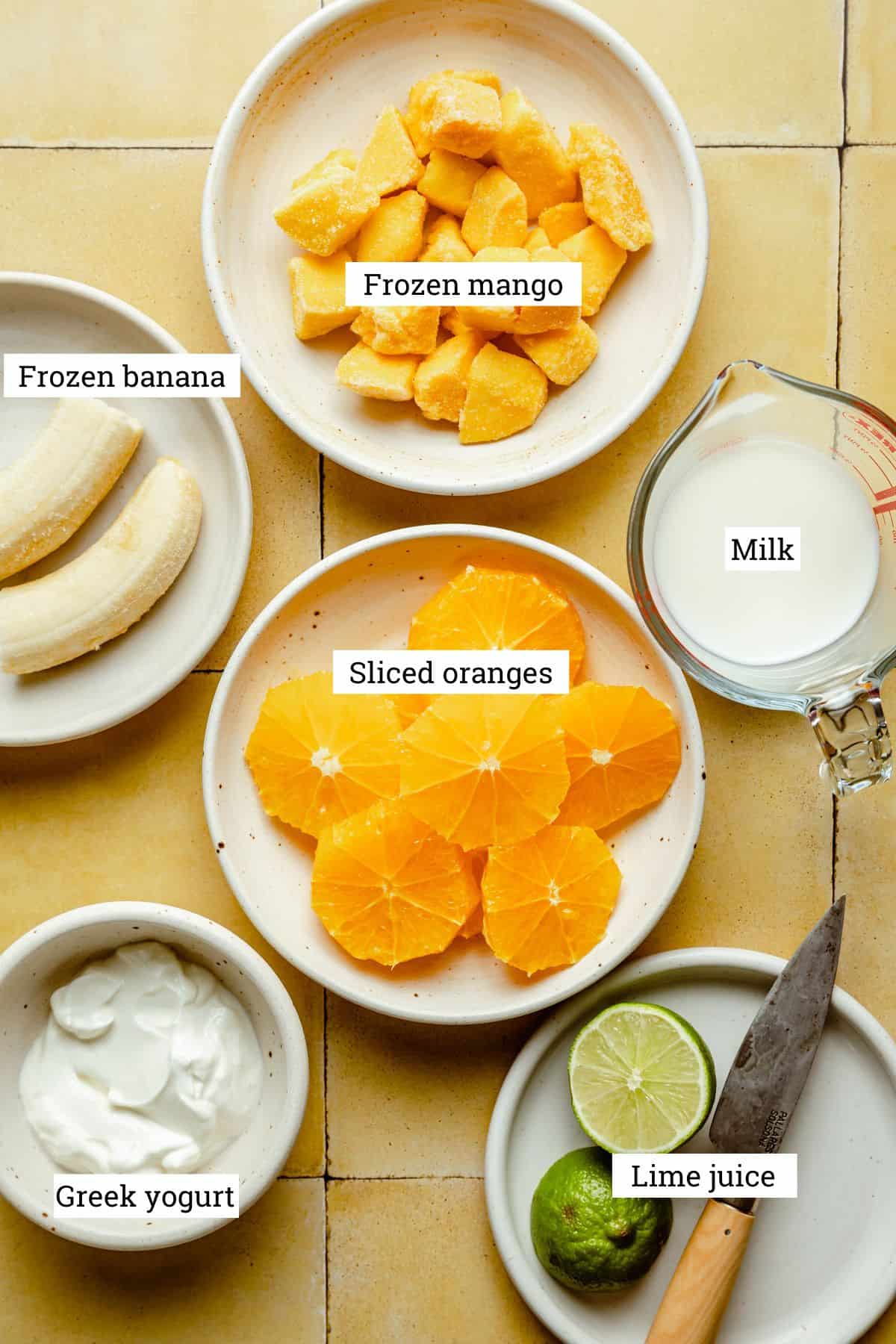 Ingredients in various bowls with labels.
