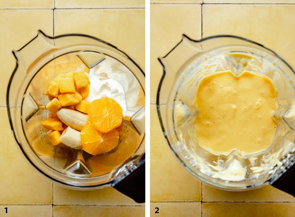 Before and after blending the smoothie in a blender jug.