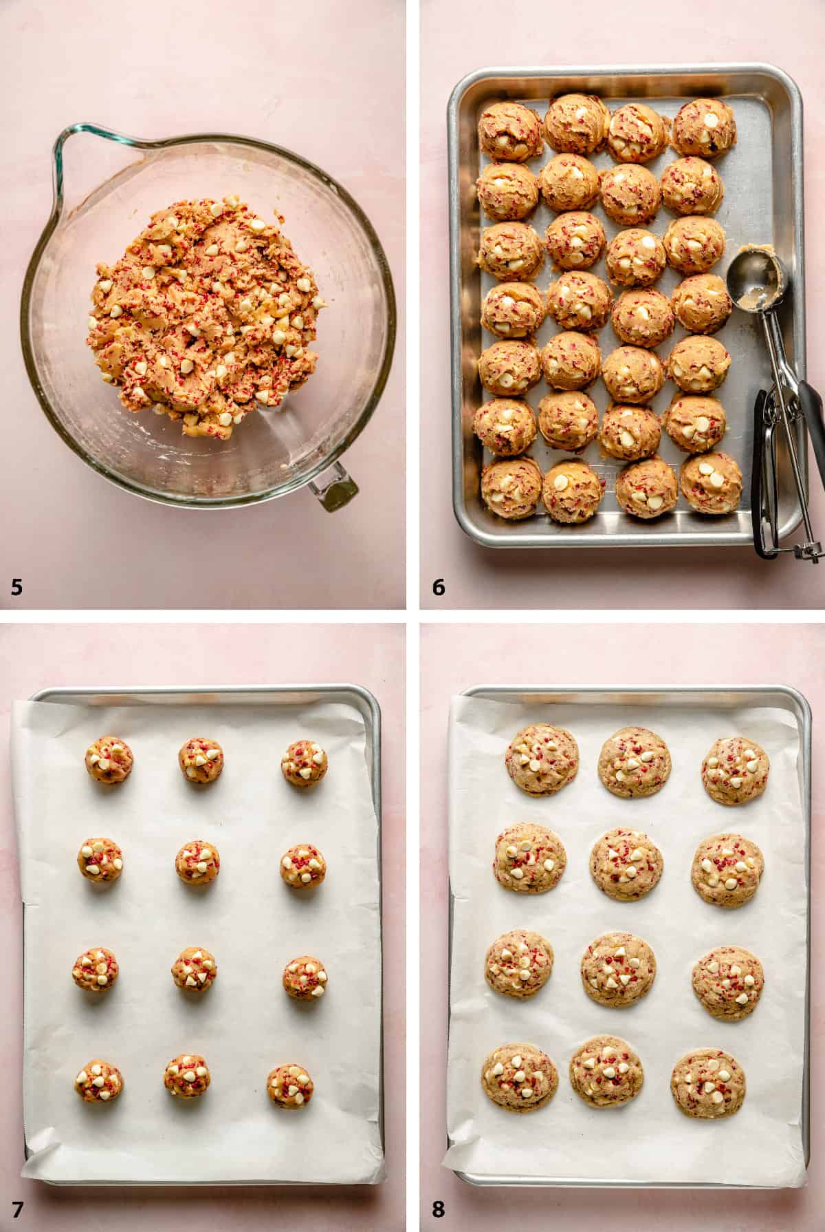 Process of finishing the cookie dough, scooping, before and after baking.