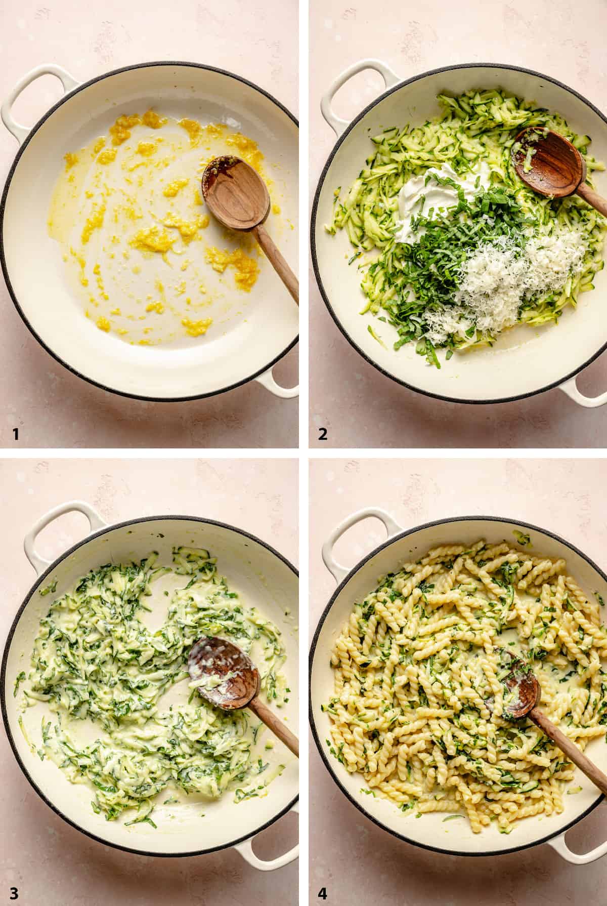 Process steps of creating the lemon zucchini pasta in a skillet.