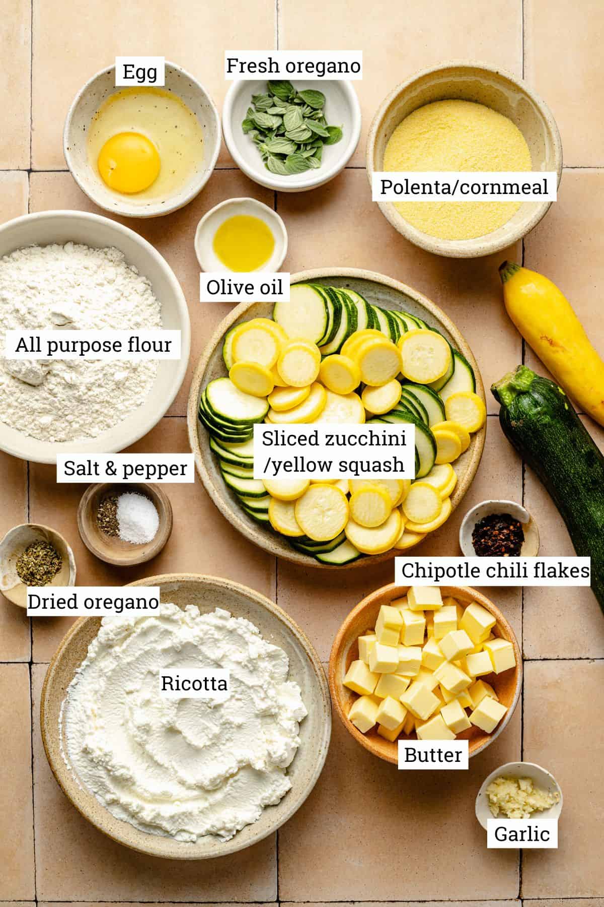 Ingredients for galette in various bowls labelled.