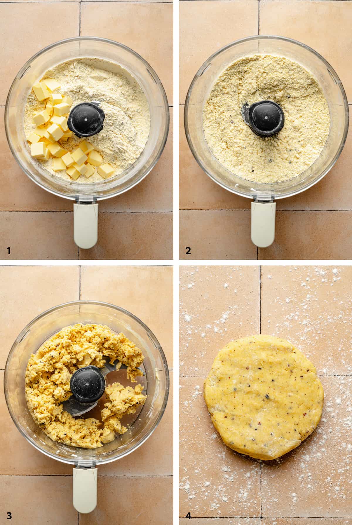 Process steps of creating the pastry from ingredients in food processor to disk of pastry.
