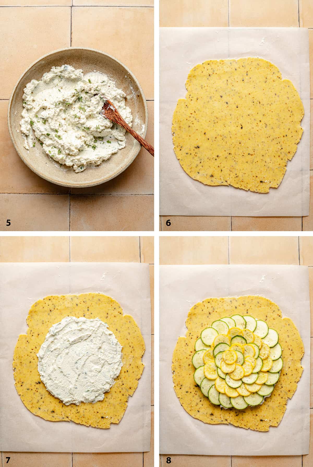 Steps showing rolling out the pastry and adding the filling for the galette.