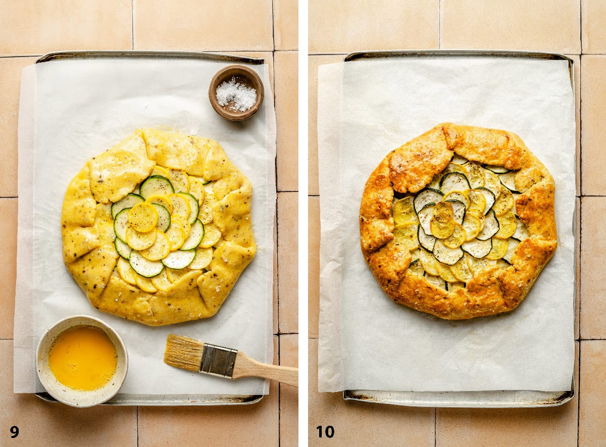 Pre and post baking zucchini galette showing egg wash and golden baked crust.